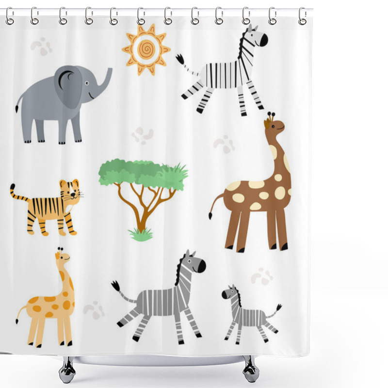 Personality  Vector Illustration African Animal Smiling Giraffe, Zebra, Tiger, Elephant. Wildlife Africa Asia Nature Safari Zoo Savanna Sun Tree Childish Drawing Shower Curtains