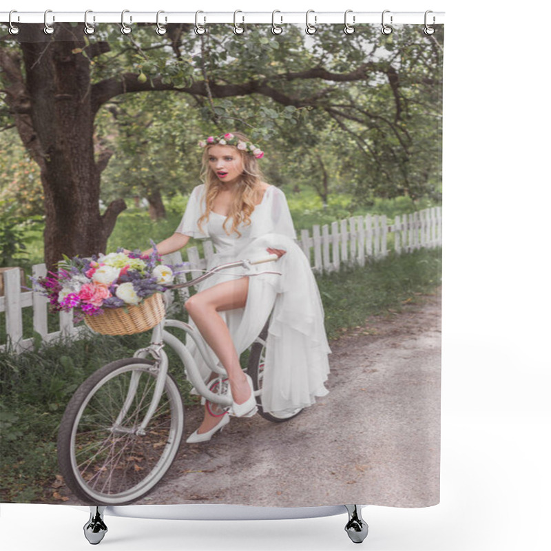 Personality  Beautiful Shocked Young Blonde Bride Riding Bicycle With Flower Basket  Shower Curtains