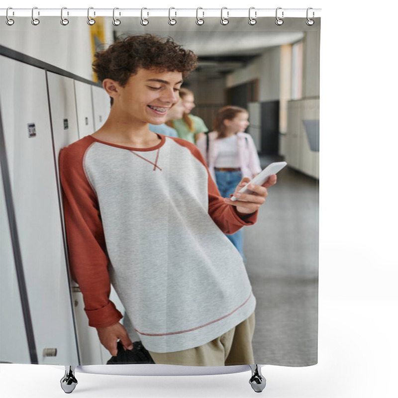 Personality  Happy Schoolboy With Braces Using Smartphone In School Hallway, Student During Break, Social Media Shower Curtains