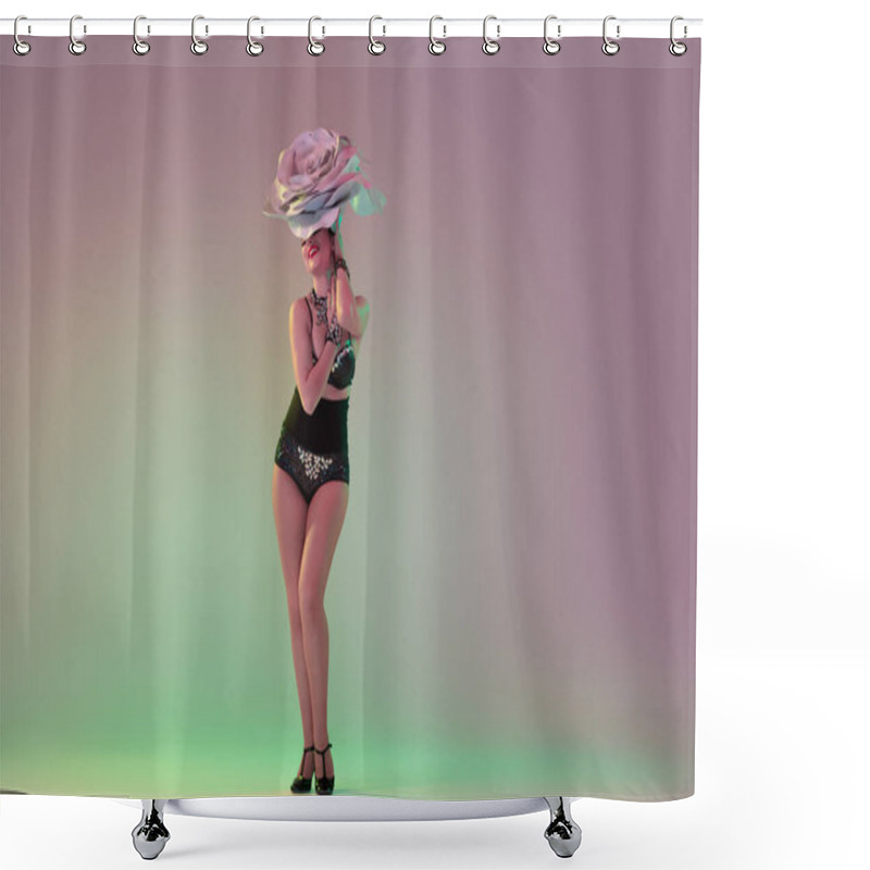 Personality  Young Female Dancer With Huge Floral Hats In Neon Light On Gradient Background Shower Curtains