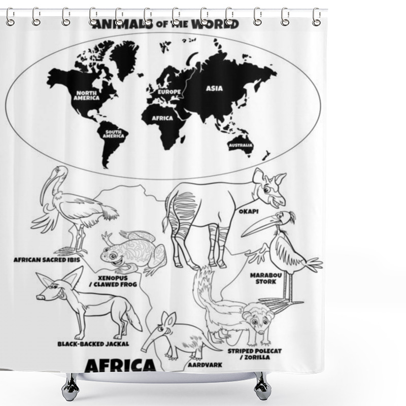 Personality  Black And White Educational Cartoon Illustration Of African Animal Species And World Map With Continents Shapes Coloring Book Page Shower Curtains