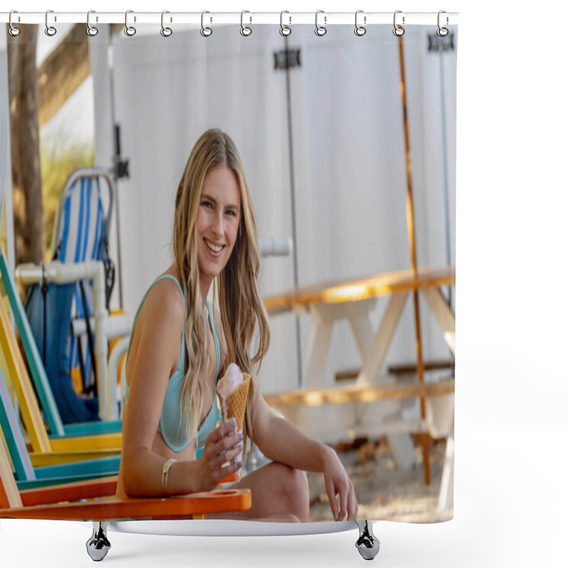 Personality  A Gorgeous Woman Reclines On A Sandy Beach, Her Bikini Accentuating Her Golden Tan. She Enjoys An Ice Cream Cone, The Sun's Warmth Embracing Her, While Waves Gently Whisper At The Shore. Shower Curtains