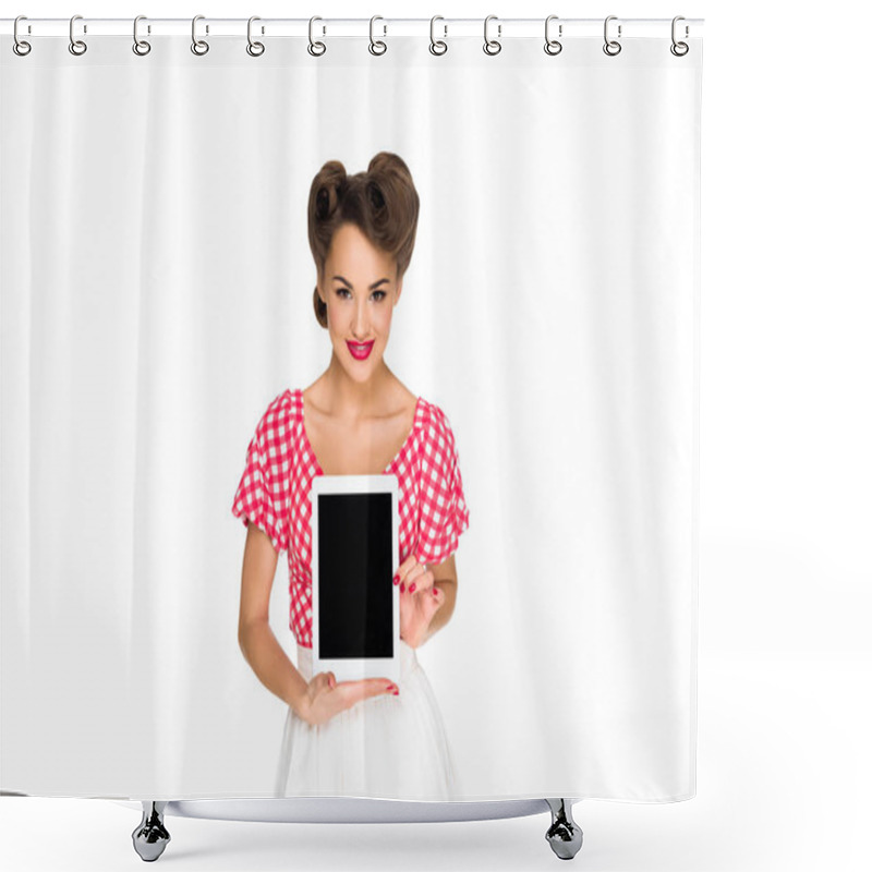 Personality  Portrait Of Smiling Woman In Pin Up Style Clothing Showing Tablet Isolated On White Shower Curtains