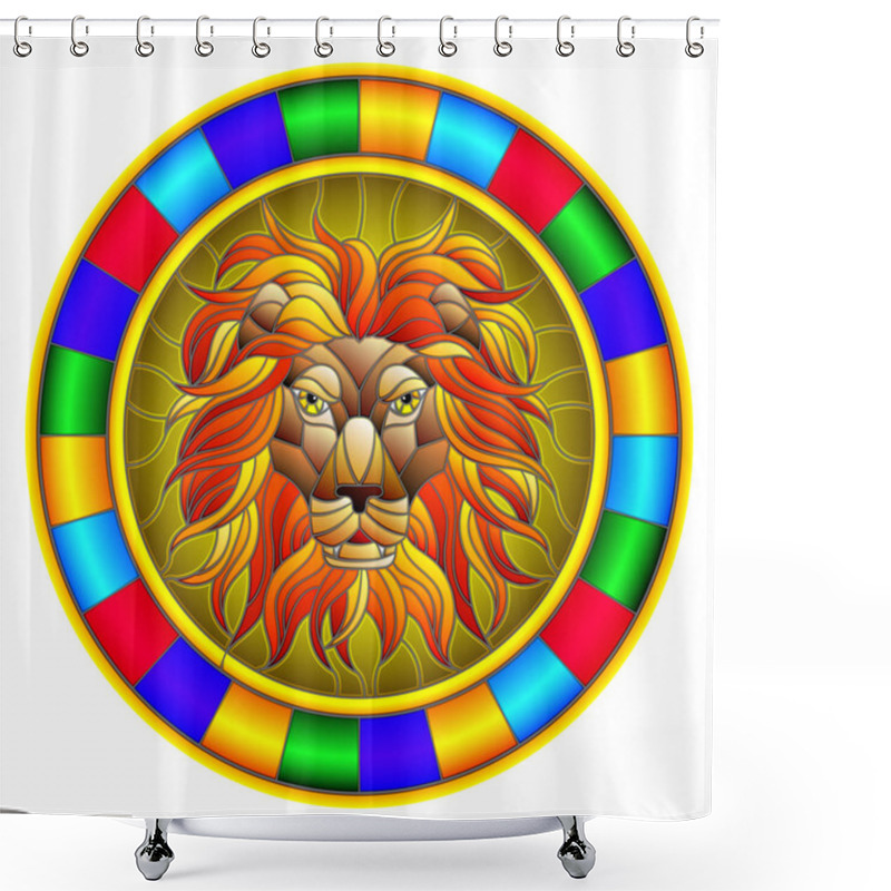 Personality  The Illustration In Stained Glass Style Painting With A Lion's Head , A Circular Image With Bright Frame Shower Curtains