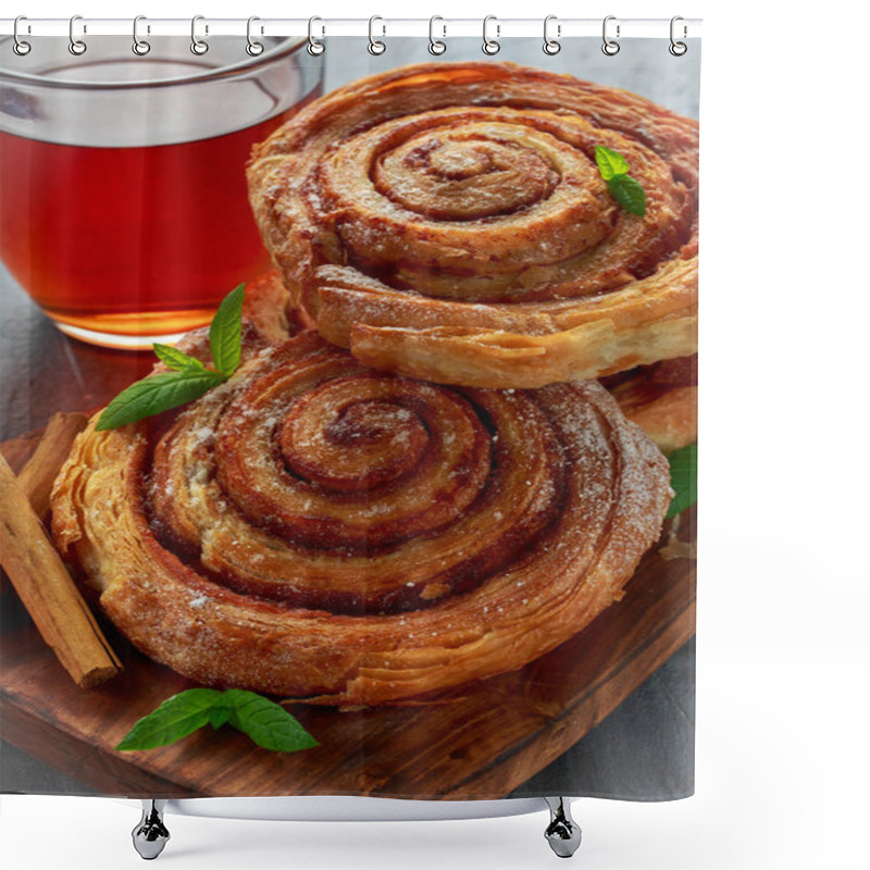 Personality  Freshly Baked Traditional Sweet Cinnamon Rolls, Swirl With Hot Black Tea And Mint Shower Curtains