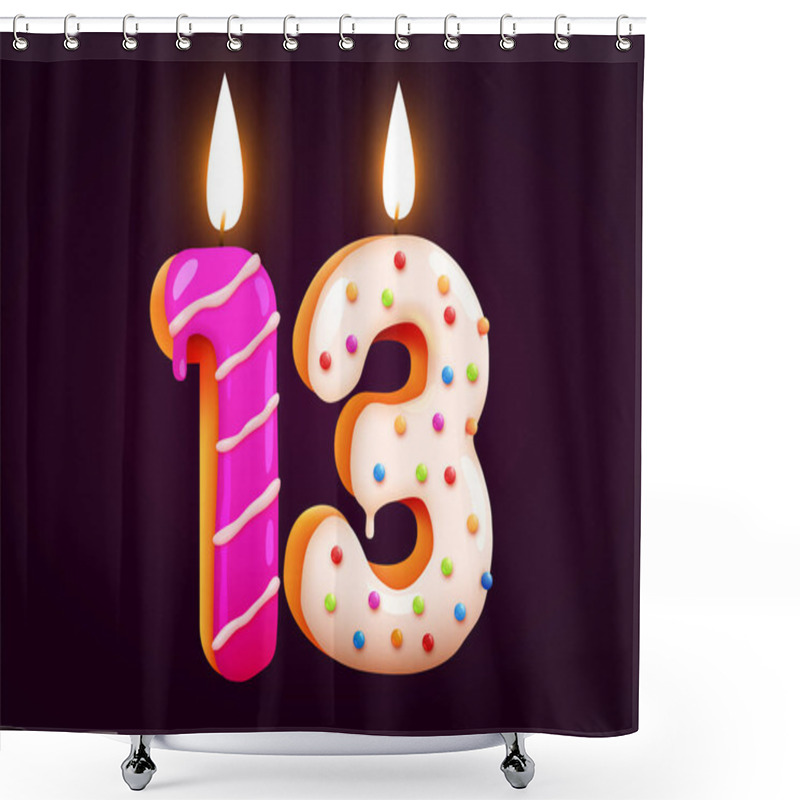 Personality  Birthday Cake Font Number 13 With Candle. One Year Anniversary. Tasty Collection. Vector Illustration Shower Curtains