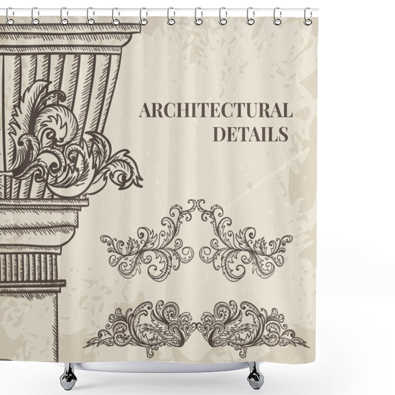 Personality  Antique And Baroque Cartouche Ornaments And Classic Style Column Vector Set. Vintage Architectural Details Design Elements On Grunge Background In Sketch Style Shower Curtains