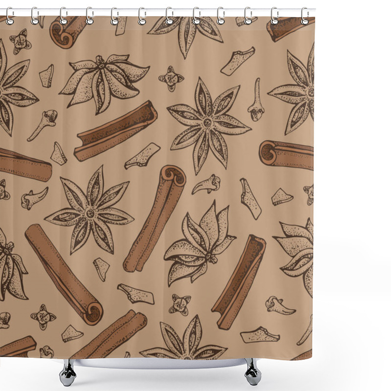 Personality  Cinnamon Sticks, Anise Star And Cloves Seamless Pattern. Seasonal Food Vector Illustration Isolated On White Background. Hand Drawn Doodles Of Spice And Flavor. Cooking And Mulled Wine Ingredient. Shower Curtains