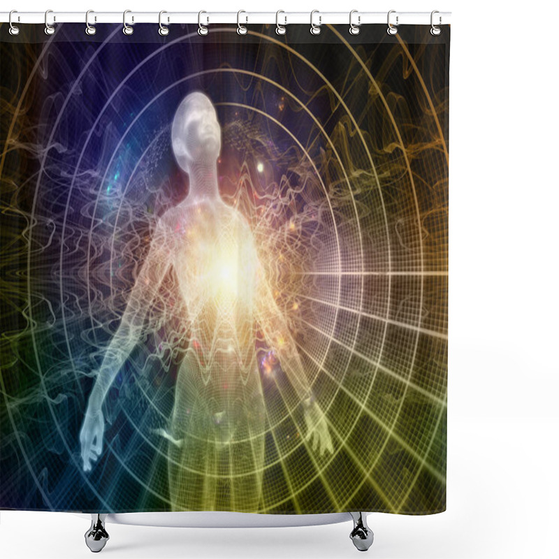 Personality  Light Within Series. 3D Rendering Of Human Figure, Radiating Light And Fractal Elements On The Subject Of Inner Energy, Astral Dimension And Spirituality. Shower Curtains