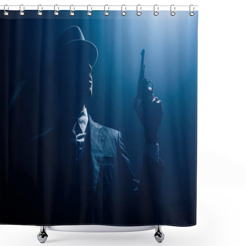 Personality  Low Angle View Of Gangster Silhouette Holding Gun And Smoking On Dark Background Shower Curtains