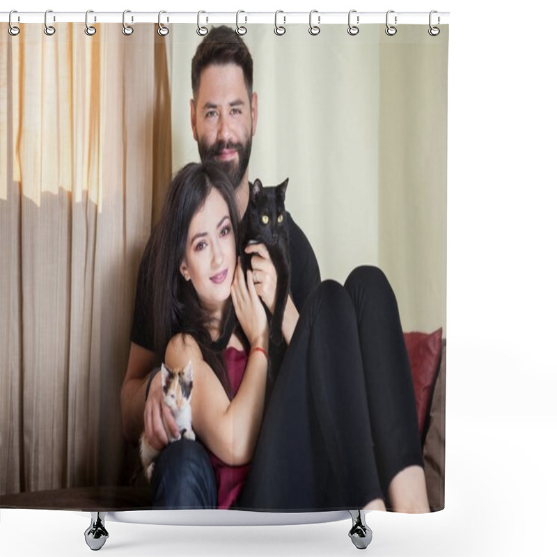 Personality  Gorgeous Beautiful Young Couple Holding Cats In Hands Shower Curtains