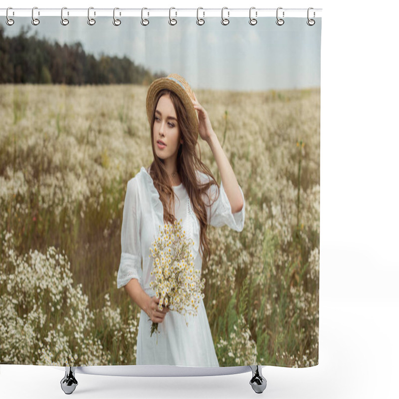 Personality  Portrait Of Pretty Pensive Woman In White Dress With Bouquet Of Wild Camomile Flowers On Meadow Shower Curtains