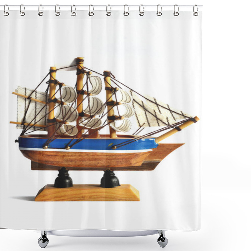 Personality  Wooden Model Ship With Sails On A White Background Shower Curtains