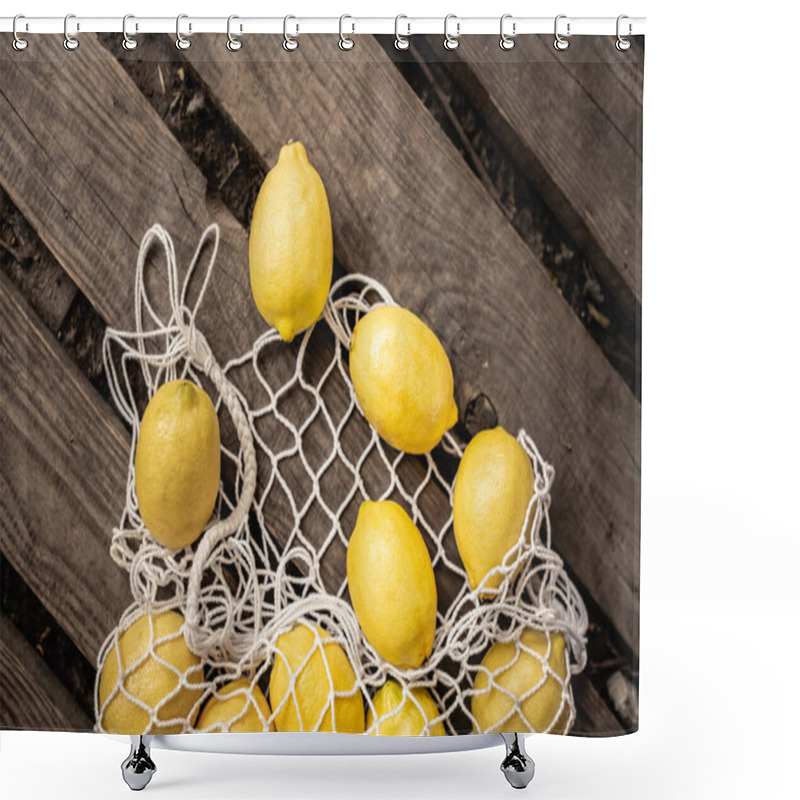 Personality  Top View Of Fresh And Juicy Lemons Lying Near Mesh Bag On Wooden Planks, Yellow Fruit, Citrus, Composition, Ingredients, Rustic, Sour Food, Vitamin C, Summer Concept  Shower Curtains