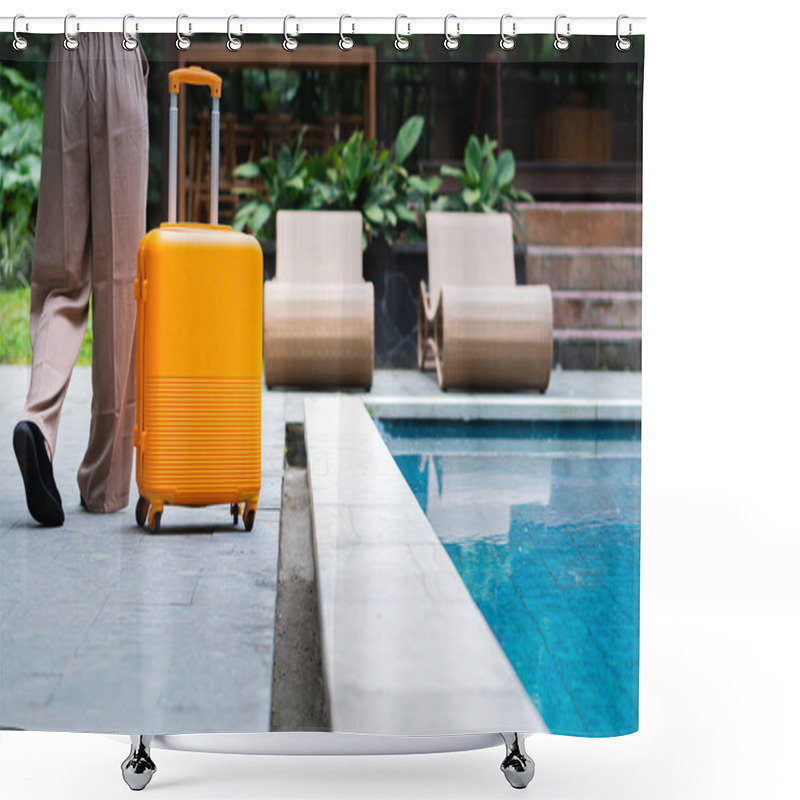 Personality  A Woman Walking By A Poolside With An Orange Suitcase, Wearing A Hat And Stylish Outfit. The Background Features Lush Greenery And A Wooden Structure, Creating A Tropical Vacation Vibe. Shower Curtains