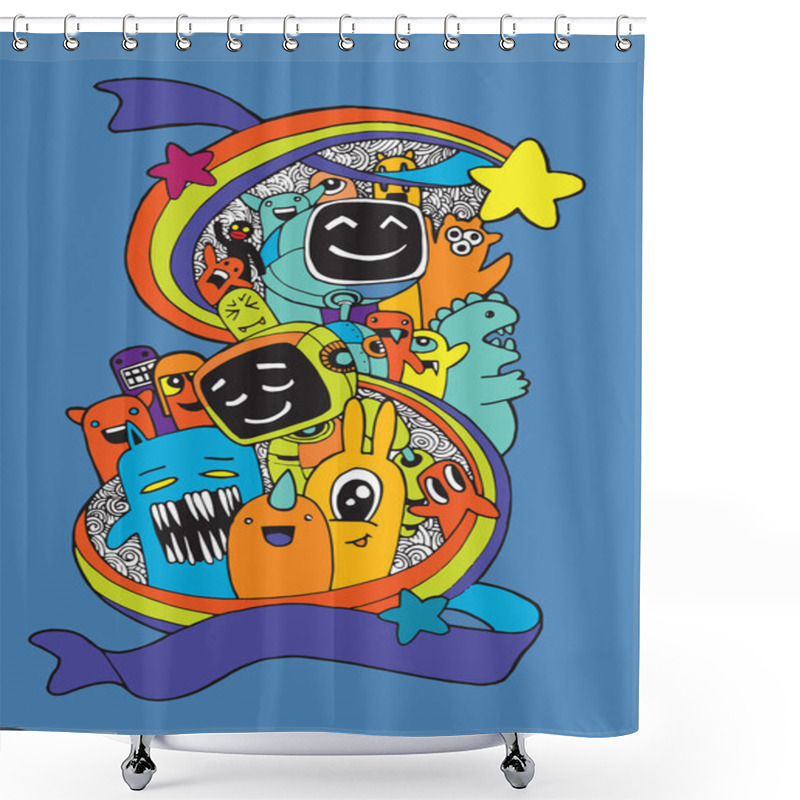 Personality  Hand Drawn Aliens , Monsters And Robot Cartoon Doodle Shower Curtains