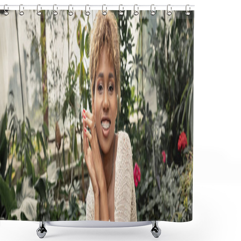 Personality  Cheerful Young African American Woman With Braces In Summer Knitted Top Looking At Camera While Spending Time In Blurred Orangey, Fashion-forward Lady In Midst Of Tropical Greenery, Banner  Shower Curtains