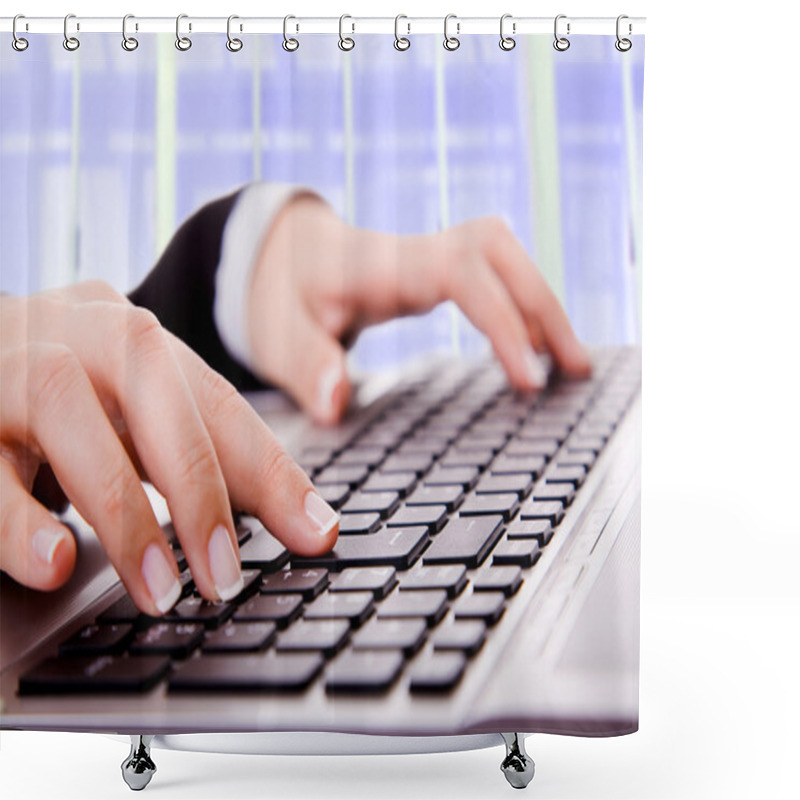 Personality  Close Up Of Secretarys Hand Touching Computer Keys During Work At The Office Shower Curtains