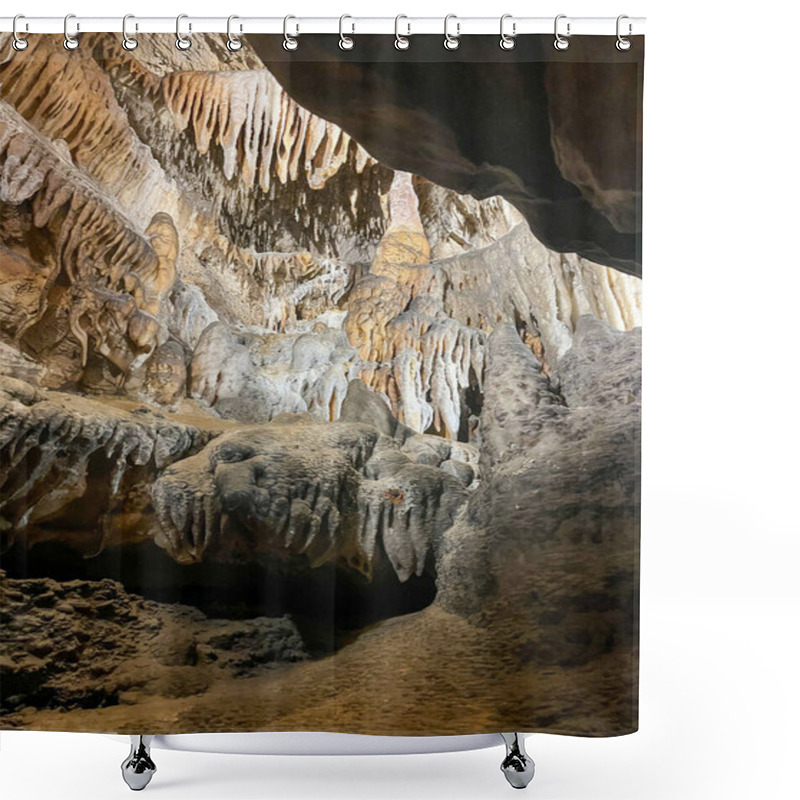 Personality  A Fascinating Exploration Of A Natural Cave Interior, Highlighting Pointed Stalactites And Rounded Stalagmites Creating Breathtaking Formations Under Earthy Tones. Shower Curtains