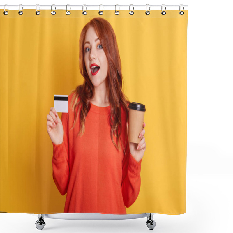 Personality  Astonished Buyer Finding Offer Online, Holding Take Away Coffee And Credit Card, Has Surprised Facial Expression, Lady With Red Lips And Wavy Hair, Wearing Orange Sweater. Shower Curtains