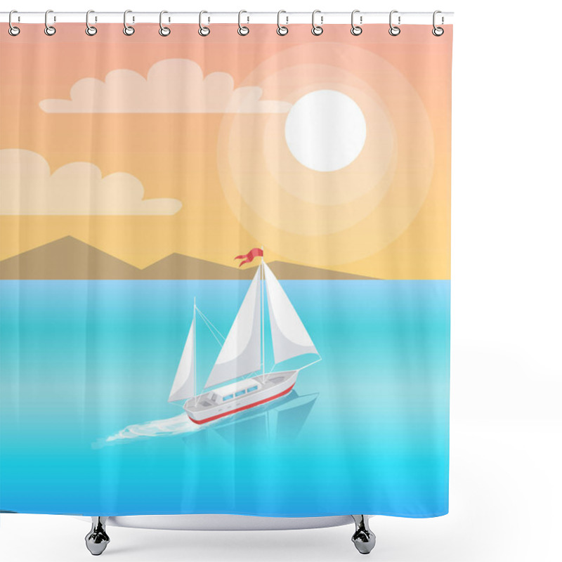 Personality  Modern Yacht Marine Nautical Personal Boat Icon. Sail Boat With White Canvas Sailing In Deep Blue Waters And Leave Trace Vector On Backdrop Of Mountains Shower Curtains