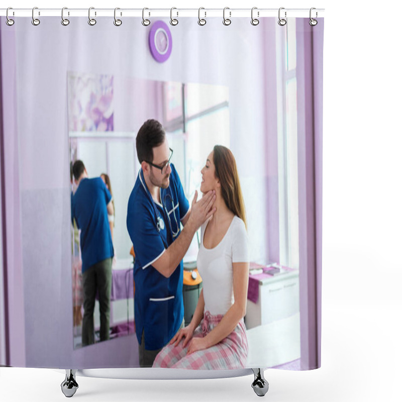 Personality  Male Doctor In Blue Uniform Examining Female Patient In Pajamas. Patient Sitting On The Hospital Bed. Shower Curtains