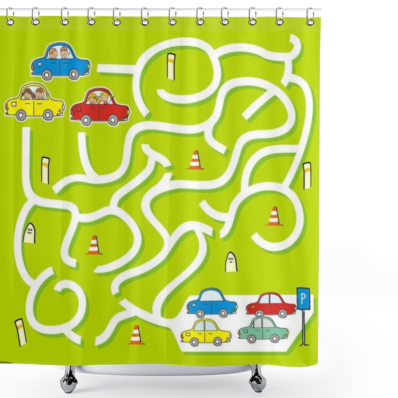 Personality  Happy Kids At Cars, Game For Children, Labyrinth, Vector Illustration Shower Curtains