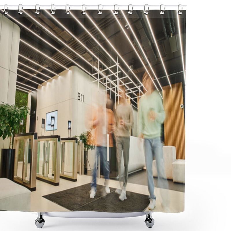 Personality  Long Exposure Of Contemporary Businessmen Discussing Startup Strategy While Walking With Coffee To Go In Paper Cups Along Lobby Of Modern Coworking Space With High Tech Interior Shower Curtains