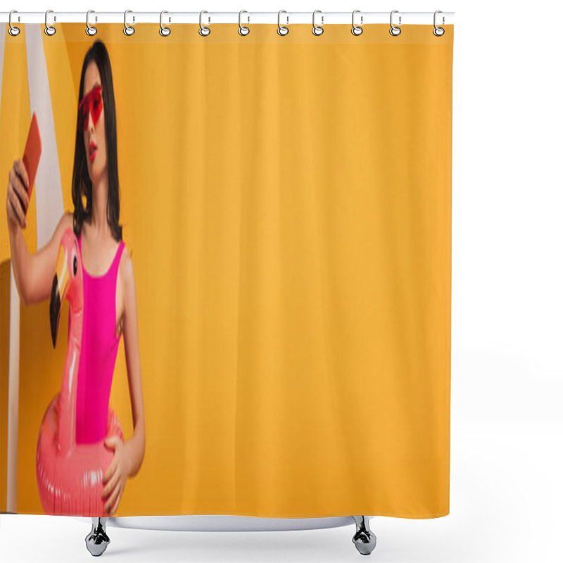 Personality  Horizontal Image Of Attractive Girl In Sunglasses And Swimsuit Standing With Inflatable Ring And Taking Selfie On Yellow  Shower Curtains