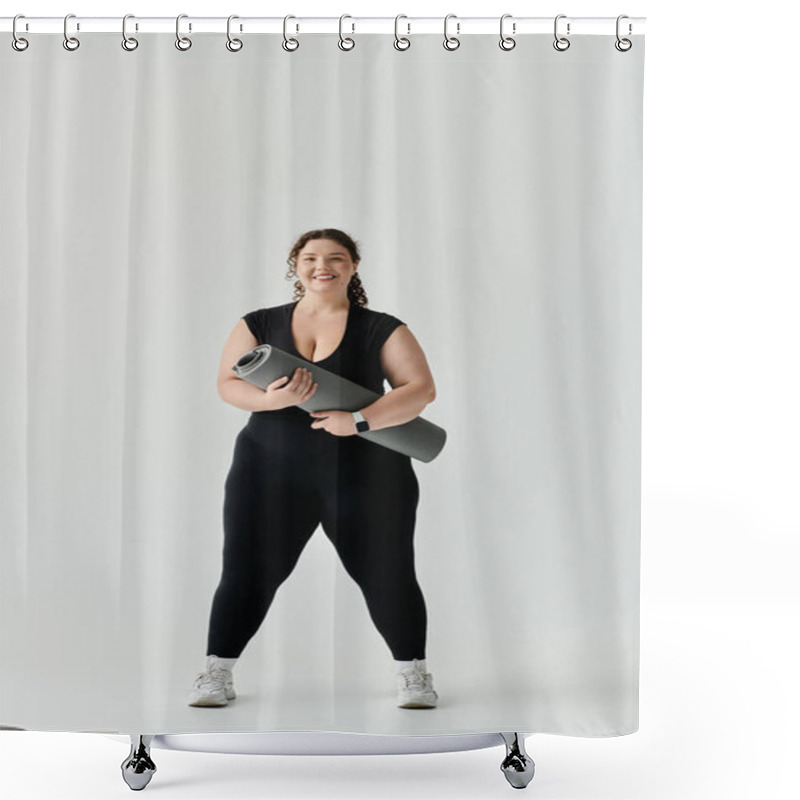 Personality  A Beautiful Plus Size Woman Stands Proudly Holding A Yoga Mat, Exuding Grace And Confidence. Shower Curtains