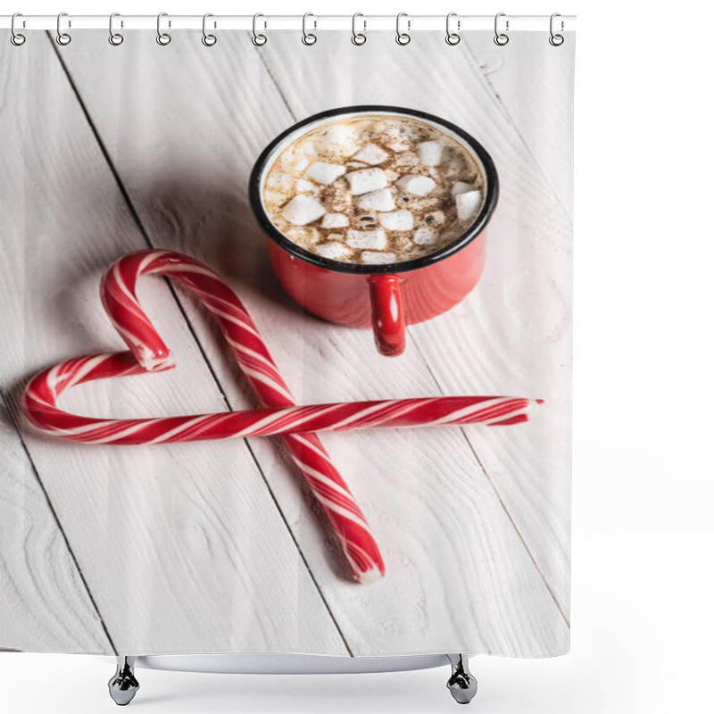 Personality  Red Cup Of Cocoa Near Christmas Candy Canes In Shape Of Love Symbol Shower Curtains