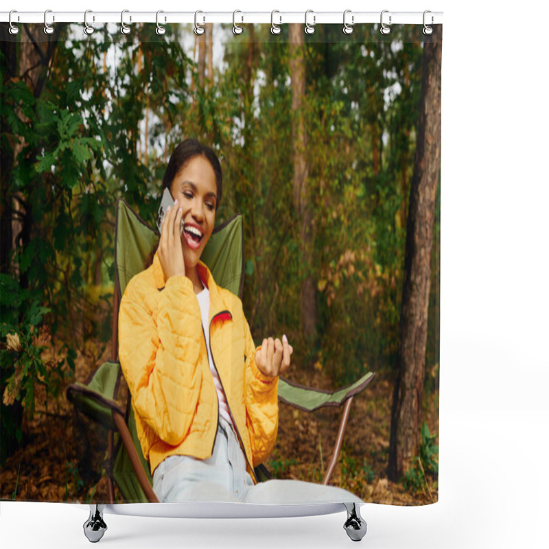 Personality  A Young Woman Enjoys A Lively Conversation In The Autumn Forest, Surrounded By Colorful Foliage And Nature. Shower Curtains