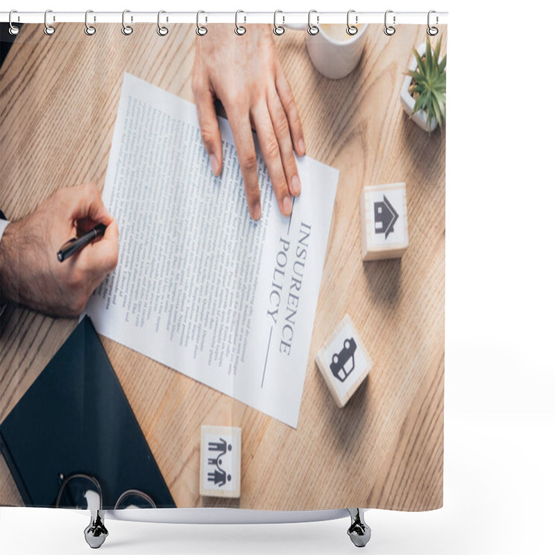 Personality  Cropped View Of Lawyer Signing Insurance Policy Agreement Near Plant, Glasses, Notebook And Wooden Cubes With Family, Car And House Shower Curtains