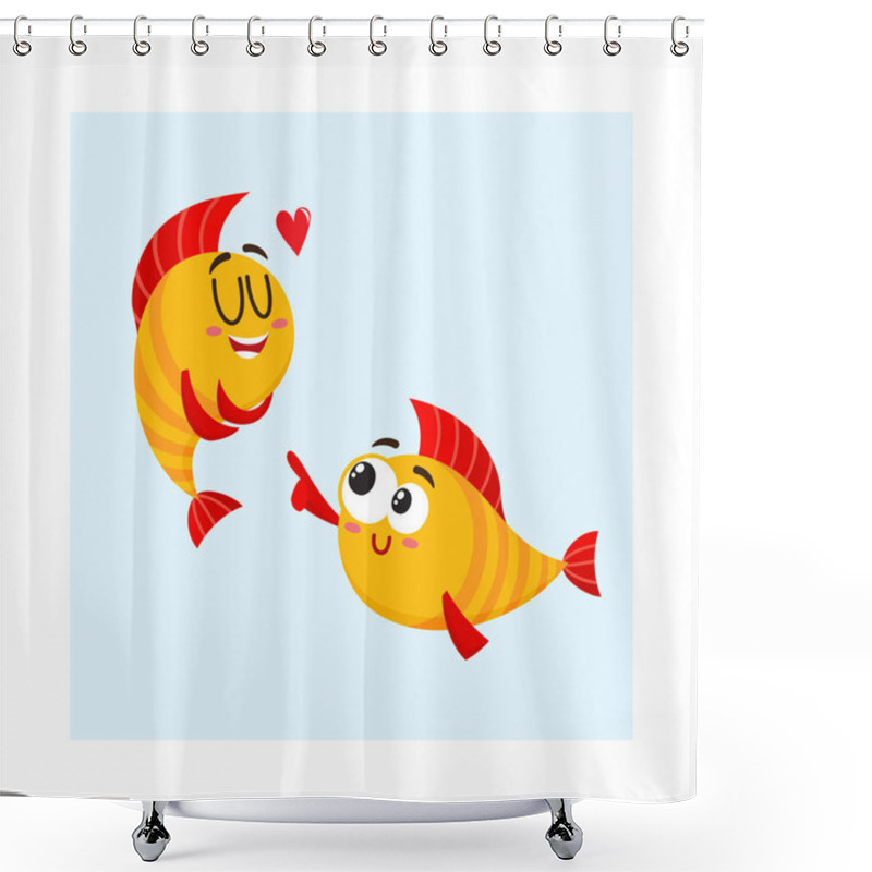 Personality  Two Smiling Golden Fish Characters, One Showing Love, Another Laughing Shower Curtains