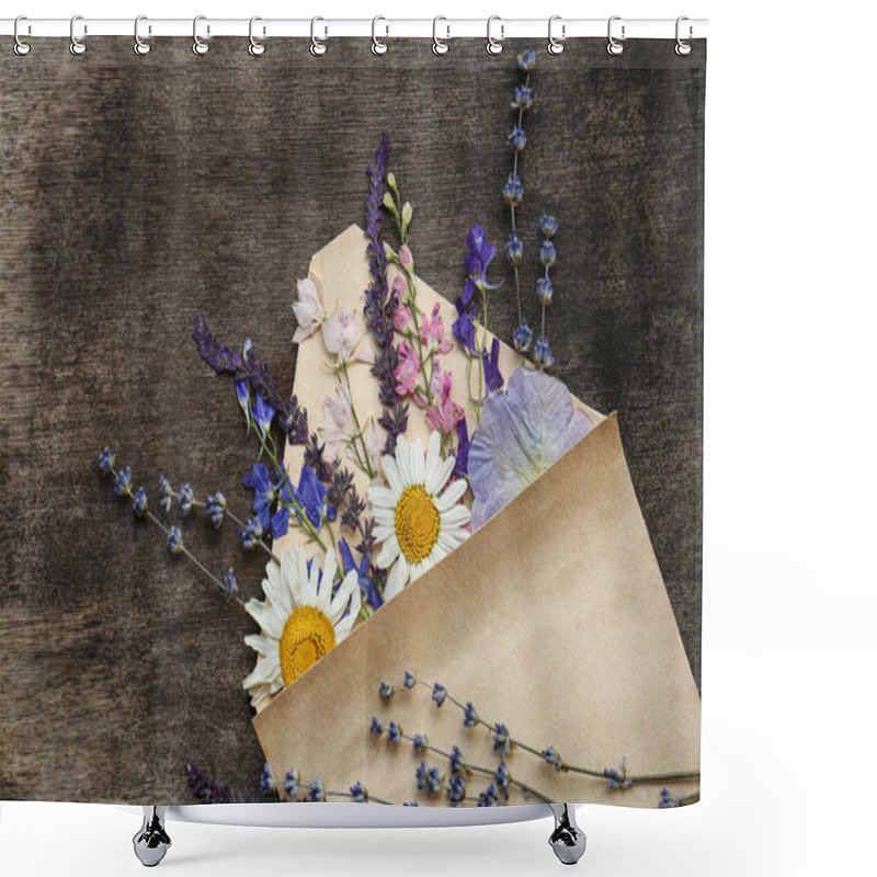 Personality  Flat Lay Composition With Beautiful Dried Flowers In Envelope On Wooden Background Shower Curtains