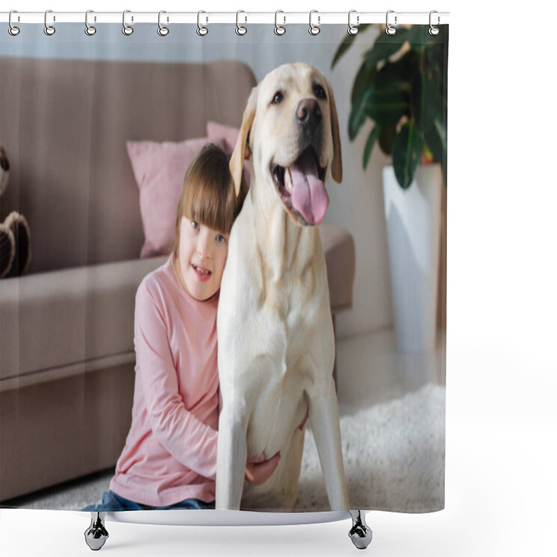 Personality  Kid With Down Syndrome Embracing Labrador Retriever  Shower Curtains