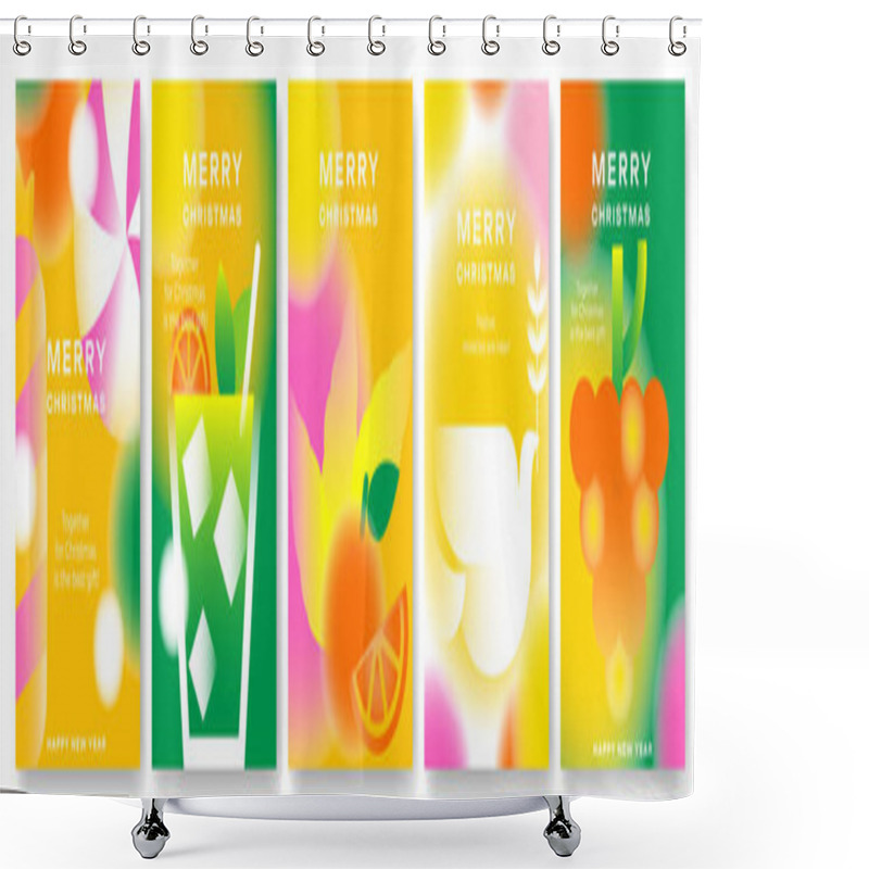 Personality  A Set Of Bright Festive New Year's Cards With A Modern Design. Elements In The Style Of Tropical Christmas With Fruit Motifs, Blurred Shapes, And A Gentle Gradient. Ideal For Regions With Warm Winters. Shower Curtains