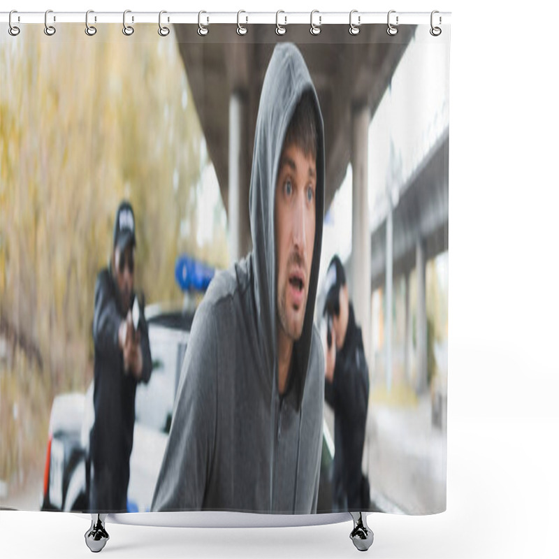 Personality  Scared Hooded Offender Running From Multicultural Police Officers On Blurred Background Outdoors, Banner Shower Curtains