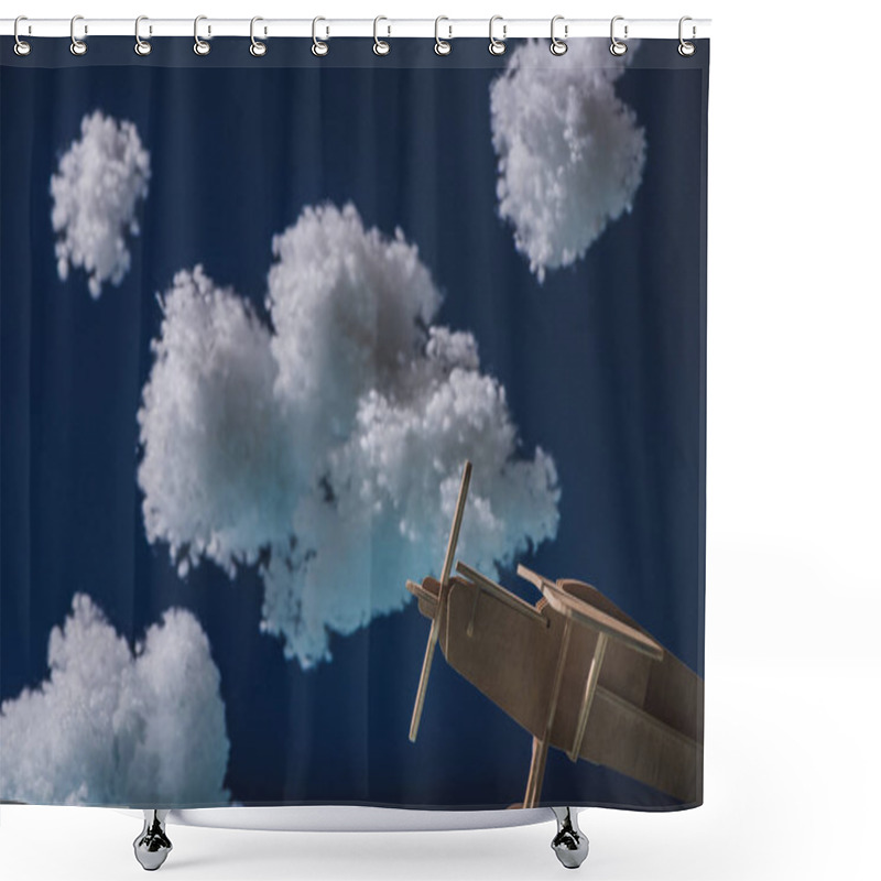 Personality  Wooden Toy Plane Flying Among White Fluffy Clouds Made Of Cotton Wool Isolated On Dark Blue Shower Curtains