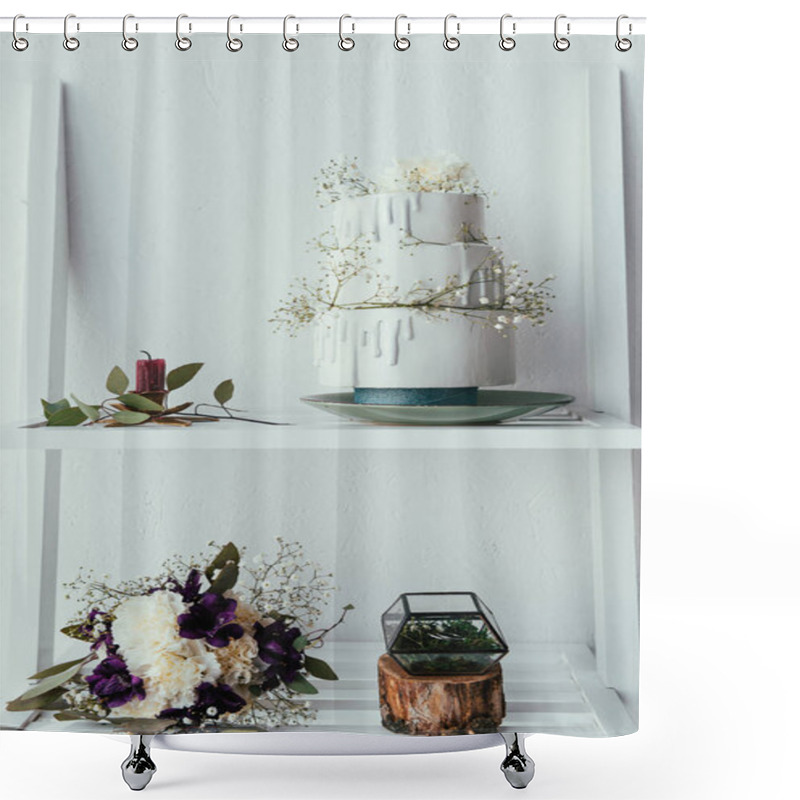 Personality  Close Up View Of Arranged Wedding Cake, Bridal Bouquet And Wedding Rings For Rustic Wedding Shower Curtains