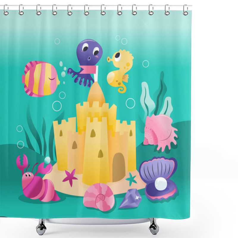 Personality  Super Cute Underwater Sea Creatures Sand Castle Shower Curtains