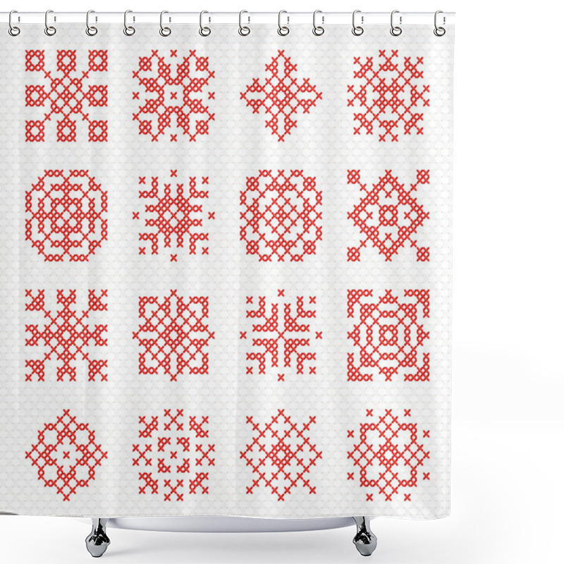 Personality  Set Of Vector Cross Stitch Snowflakes And Flowers. Shower Curtains