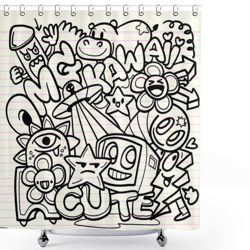 Personality  Playful Black And White Doodle  Featuring Cute Characters, Stars, Flowers, And Playful Designs Evoke Fun And Whimsical Atmosphere. Perfect For Art Lovers And Enthusiasts. Shower Curtains