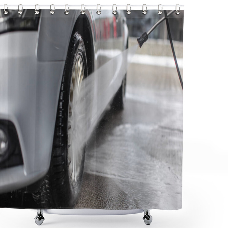 Personality  Detail On Silver Car Front Wheel Being Washed With Jet Water Spr Shower Curtains