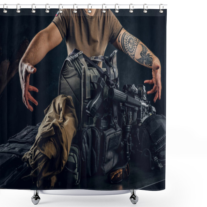 Personality  Casually Dressed Man Showing His Military Uniform And Equipment. Modern Special Forces Equipment. Shower Curtains