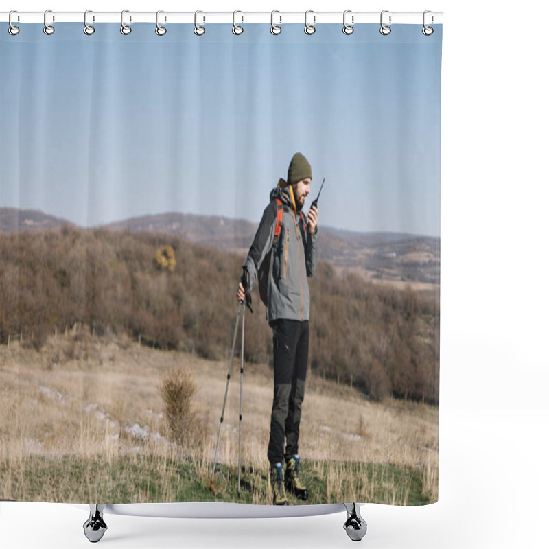 Personality  Man Standing On A Hill And Talking On Walkie-talkie Shower Curtains