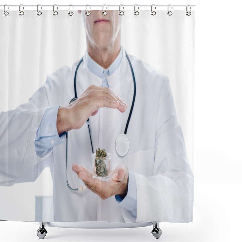 Personality  Cropped View Of Doctor In White Coat Holding Medical Marijuana Isolated On White Shower Curtains