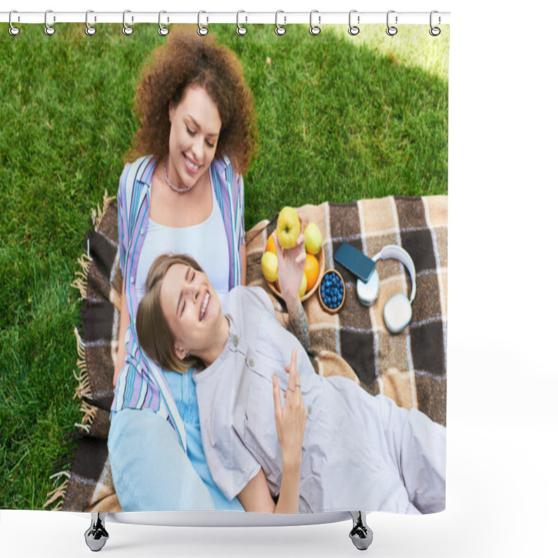 Personality  Two Friends Relax On A Blanket, Sharing Laughter And Tasty Treats In A Vibrant Park Setting. Shower Curtains