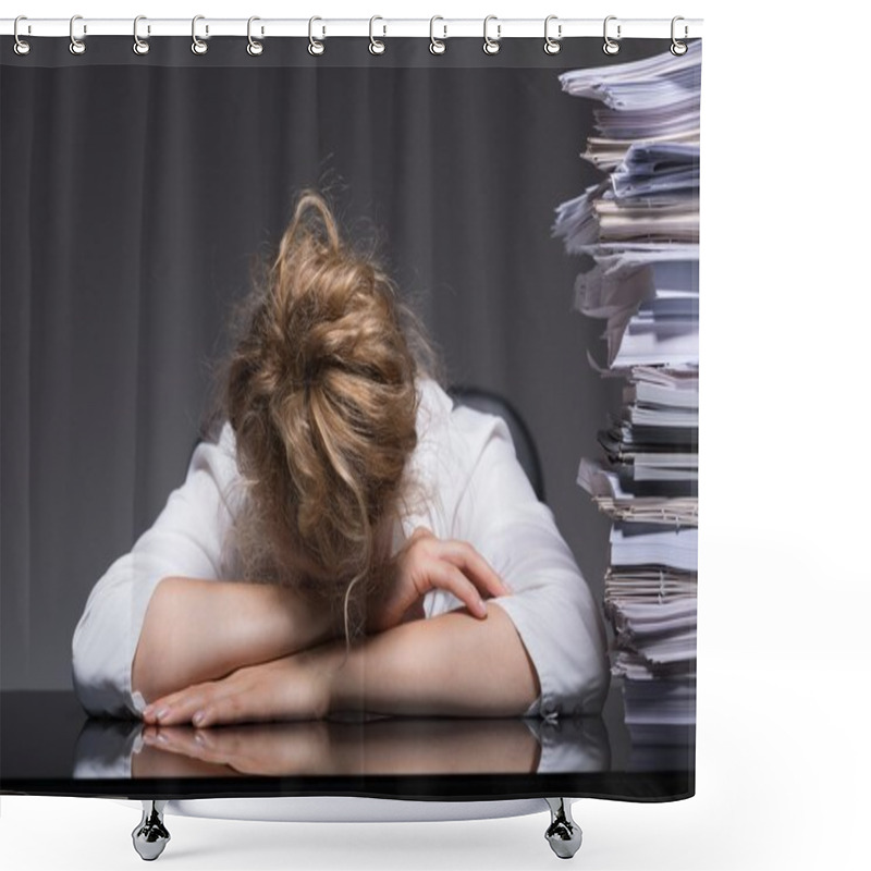 Personality  Overworked Woman Sleeping At Workplace Shower Curtains