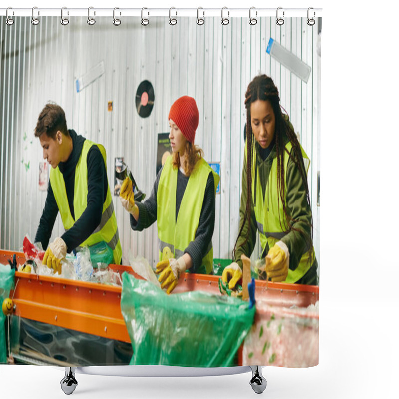 Personality  A Group Of Eco-conscious Young Volunteers Wearing Yellow Vests And Gloves, Sorting Through Trash Together. Shower Curtains